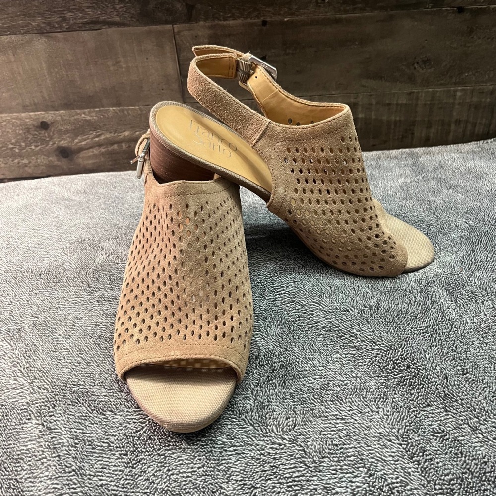 Franco Sarto Mandi2 Tan Suede Perforated Slingback Block Heel Sandals 8.5M